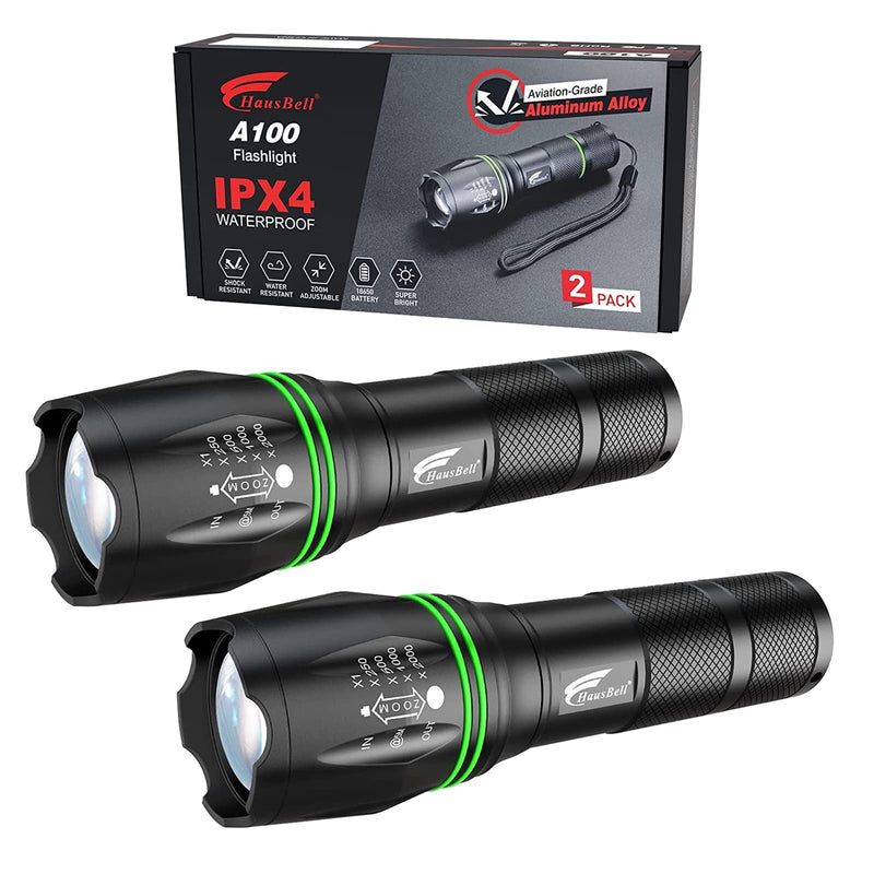 [Australia - AusPower] - HAUSBELL LED T6 Flashlight Pack -2 Bright, Zoomable Tactical Flashlights Flash light with High Lumens and 5 Modes for Emergency and Outdoor Use -Camping Accessories 2 Pack 