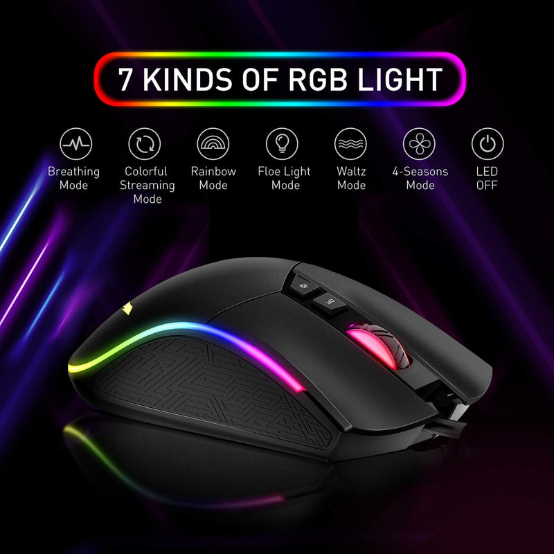[Australia - AusPower] - Havit RGB Gaming Mouse Wired Programmable Ergonomic USB Mice 4800 Dots Per Inch 7 Buttons & 7 Color Backlit for Laptop PC Gamer Computer Desktop (Black) Black 