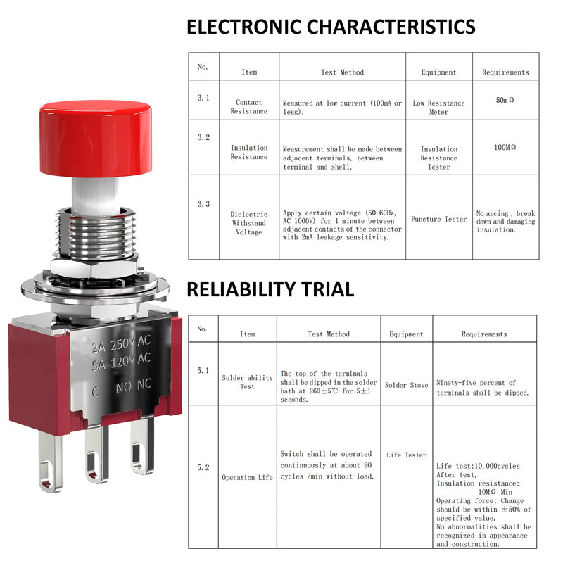 [Australia - AusPower] - DIYhz AC 2A/250V 5A/120V 3 Pin Momentary Push Button Switch NO NC with Red Cap 5Pcs 3P 