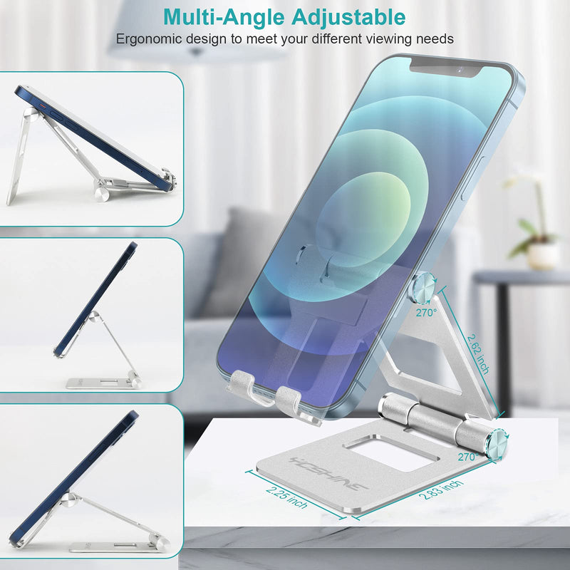 [Australia - AusPower] - Phone Stand, YOSHINE Adjustable Cell Phone Stand, Foldable Cell Phone Holder with Non-Slip Base, Portable Phone Holder for Desk, Solid Aluminum Stand Holder Dock for iPhone All Smart Phones - Silver Silvery 