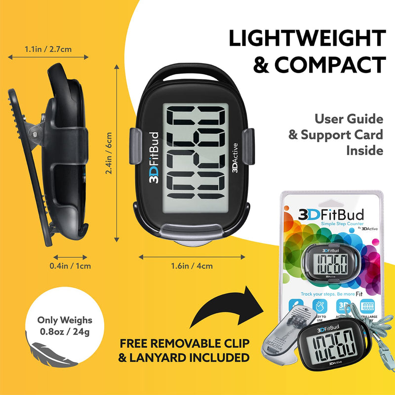 [Australia - AusPower] - 3DFitBud Simple Step Counter Walking 3D Pedometer with Clip and Lanyard, A420S Black 