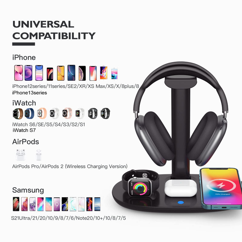 [Australia - AusPower] - Headphone Stand with 15w Wireless Charger, Suguder 4 in 1 Qi Charging Station Headset Holder for AirPods Max/Pro/2 iWatch 7/6/5/4/3/2/1/SE iPhone 13/12/11/XS/XR/X/8 Series for Desktop Table Game,Black Black 