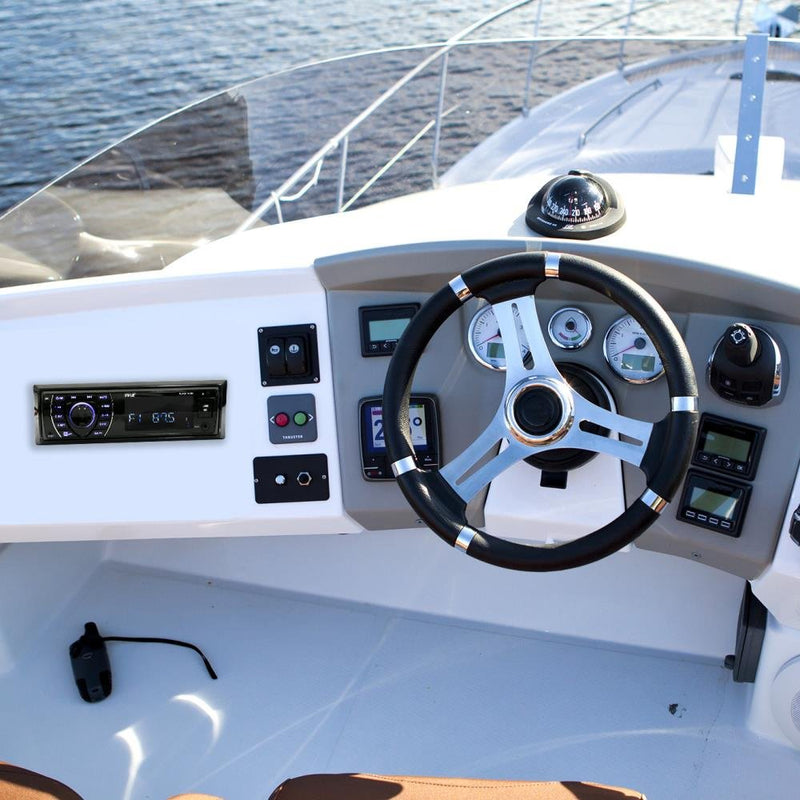 [Australia - AusPower] - Pyle Bluetooth Marine Receiver Stereo - 12v Single DIN Style Boat In dash Radio Receiver System with Digital LCD, RCA, MP3, USB, SD, AM FM Radio - Remote Control, Wiring Harness - PLRMR27BTB (Black) 