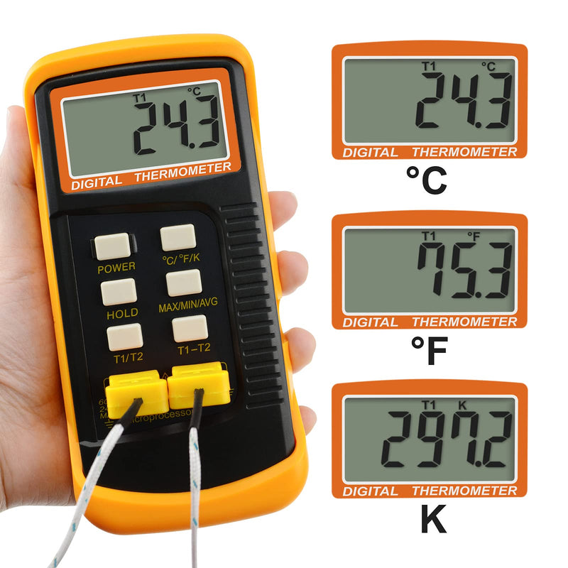 [Australia - AusPower] - GAIN EXPRESS K-Type Thermocouple Thermometer with 4 Probes(Wired & Stainless Steel) Dual Channel High Temperature Kelvin Scale Meter Indicator Thermometer with 4 thermocouple probes 