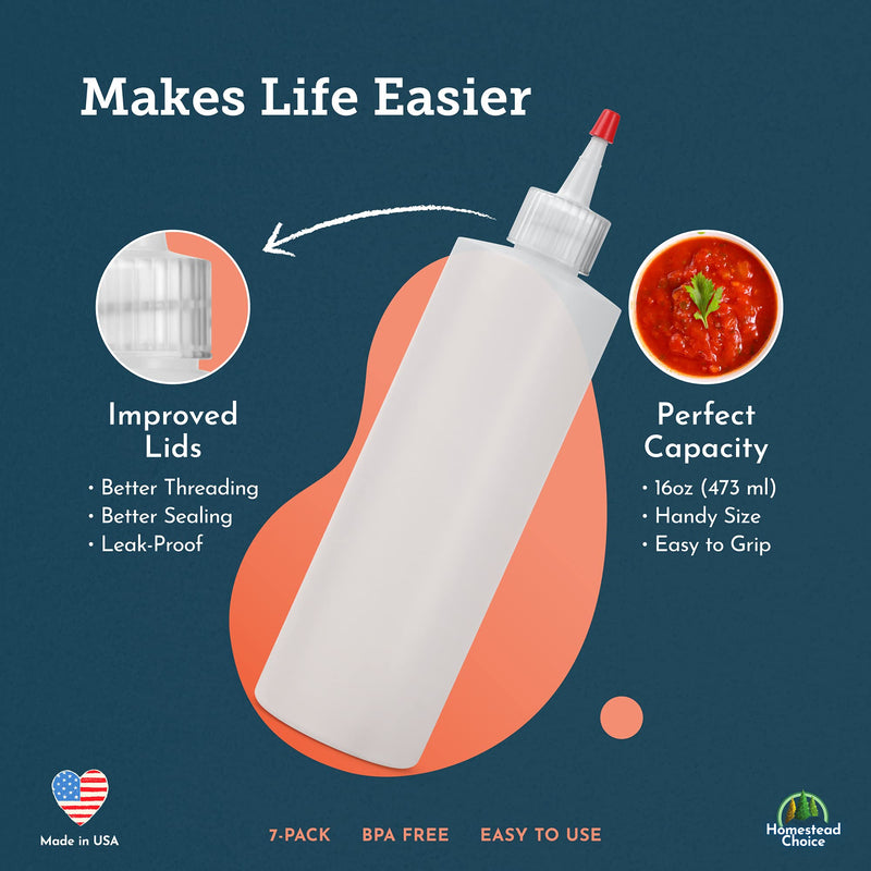 [Australia - AusPower] - 7-pack Plastic Condiment Squeeze Bottles - 16 Ounce with Red Tip Cap - Made in USA - Perfect for Ketchup, BBQ, Sauces, Syrup, Condiments, Dressings, Arts and Crafts 16oz 7 pack 