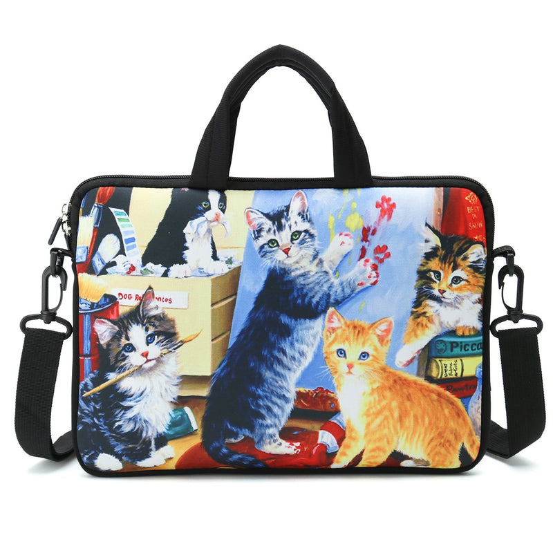 [Australia - AusPower] - AUPET 16 16.5 17-17.3-Inch Water Resistant Neoprene Sleeve Notebook Neoprene Messenger Case Tote Bag with Outside Handle and Adjustable Shoulder Strap & Extra Pocket(Nice Cat Painting) Fp-shb17-007 