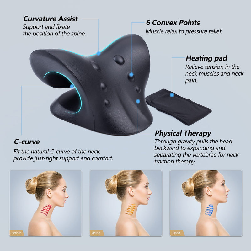 [Australia - AusPower] - Neck Stretcher for Neck Pain Relief, Heated Cervical Traction Device Pillow with Graphene Heating Pad, Neck and Shoulder Relaxer for TMJ Pain Relief and Cervical Spine Alignment(Black) Black 