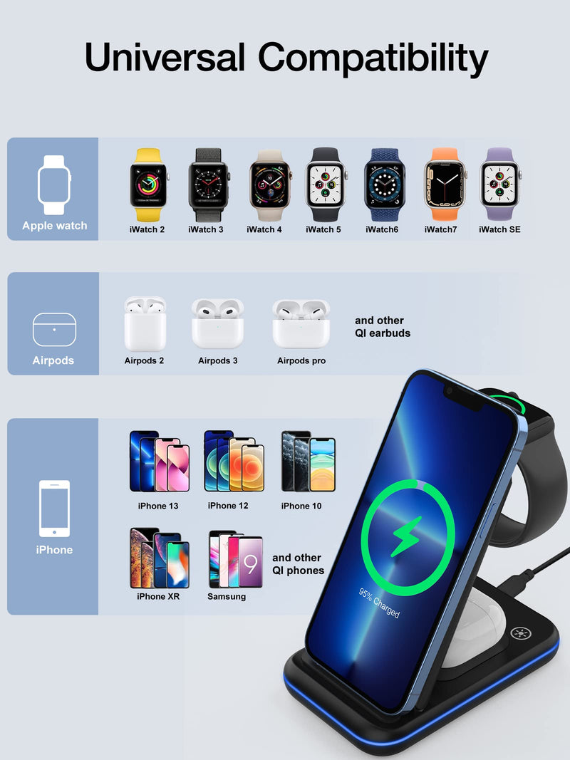 [Australia - AusPower] - HIOUME 3 in 1 Foldable Wireless Charger, 15W Fast Charging Station Stand for iPhone, Apple Watch, AirPods, Samsung Galaxy, All QI Certified Phones, UL Certified QC 3.0 Power Adapter Included 