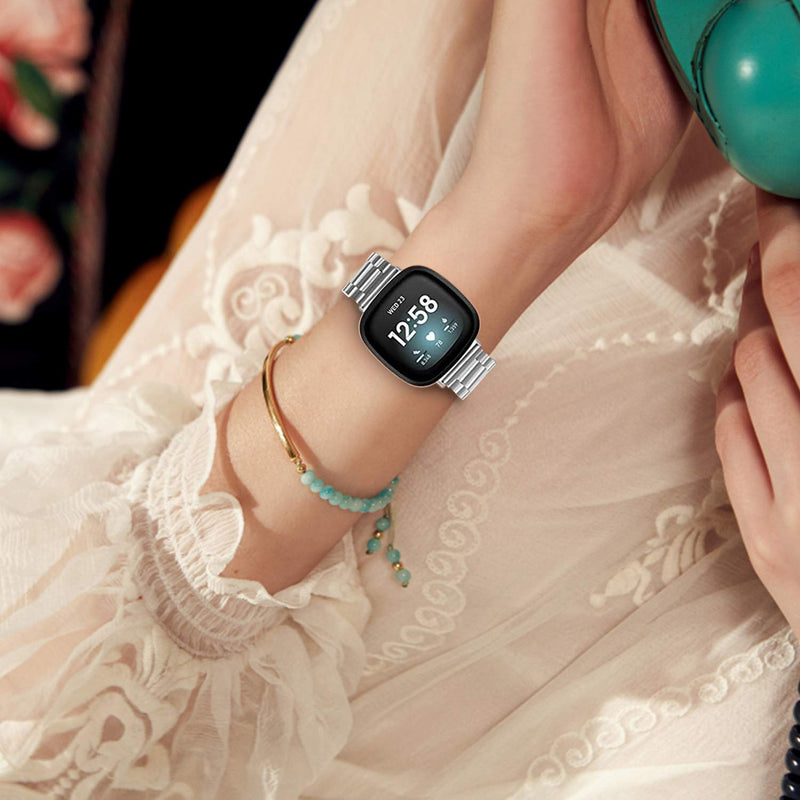 [Australia - AusPower] - Valkit Compatible Fitbit Versa 3 Bands Women, 2 Pack Fitbit Sense Bands Mens Bracelet Accessories Fitbit Watch Bands Metal Mesh Wrist Strap for Versa 3/Sense, Sliver 