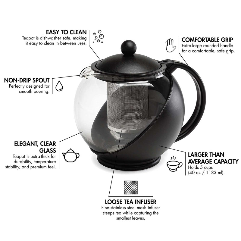 [Australia - AusPower] - Primula Half Moon Teapot with Removable Infuser, Glass Tea Maker, Stainless Steel Filter, Dishwasher Safe, 40-Ounce, Black 