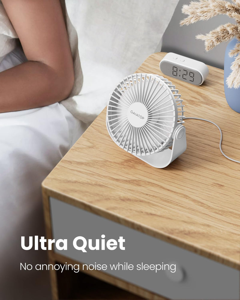 [Australia - AusPower] - Gaiatop USB Desk Fan, 3 Speeds Portable Small Fan with Strong Airflow, 5.5 Inch Quiet Table Fan, 90° Rotate Personal Cooling Fan For Bedroom Home Office Desktop Travel (White) White 