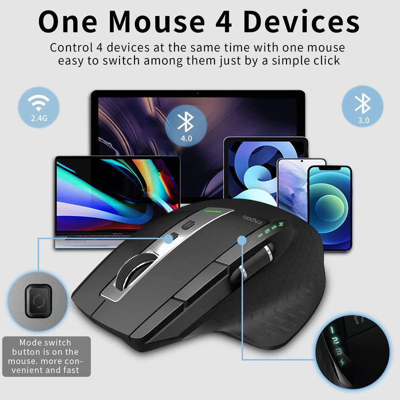 [Australia - AusPower] - Bluetooth Wireless Mouse, RAPOO 4 Adjustable DPI Rechargeable Bluetooth Mouse, Multi-Device (3 Bluetooth+USB) Programmable Ergonomic Mouse with Side Roller, Laser Mouse for Laptop Desktop PC, Black 