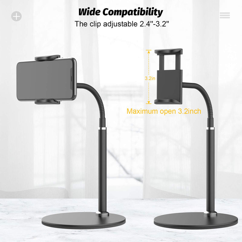 [Australia - AusPower] - Cell Phone Stand, Adjustable Height & Angle Phone Holder Gooseneck Flexible Arm Universal Phone Stand for Desk, Aluminum Alloy Desktop Cell Phone Holder Compatible with 3.5"-6.5" Device (Black) Black 