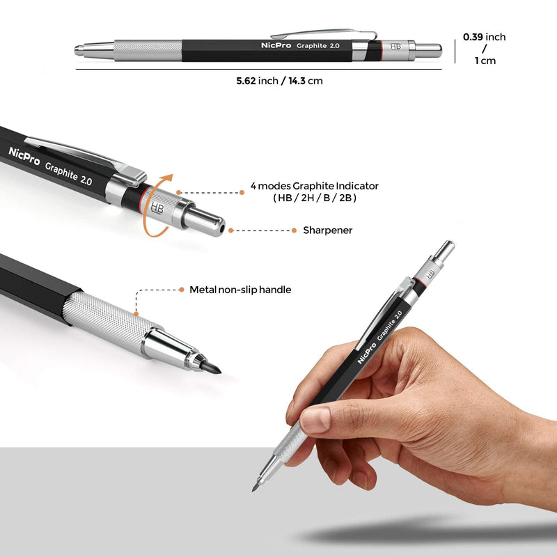 [Australia - AusPower] - Nicpro 2.0 mm Mechanical Pencil Set, Artist Metal Lead Holder Carpenter pencils with Graphite Lead Refill HB, 2H, 4H, 2B, 4B, Eraser, Sharpener for Draft Drawing, Writing, Shading, Art Sketching 1 