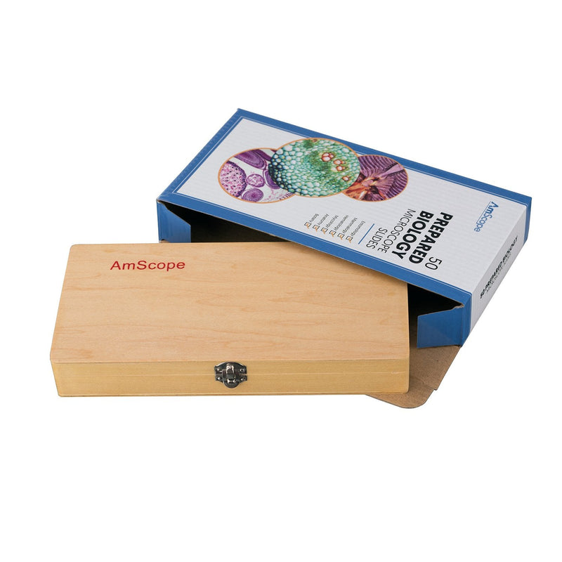 [Australia - AusPower] - AmScope PS50 Prepared Microscope Slide Set for Basic Biological Science Education, 50 Slides, Includes Fitted Wooden Case 