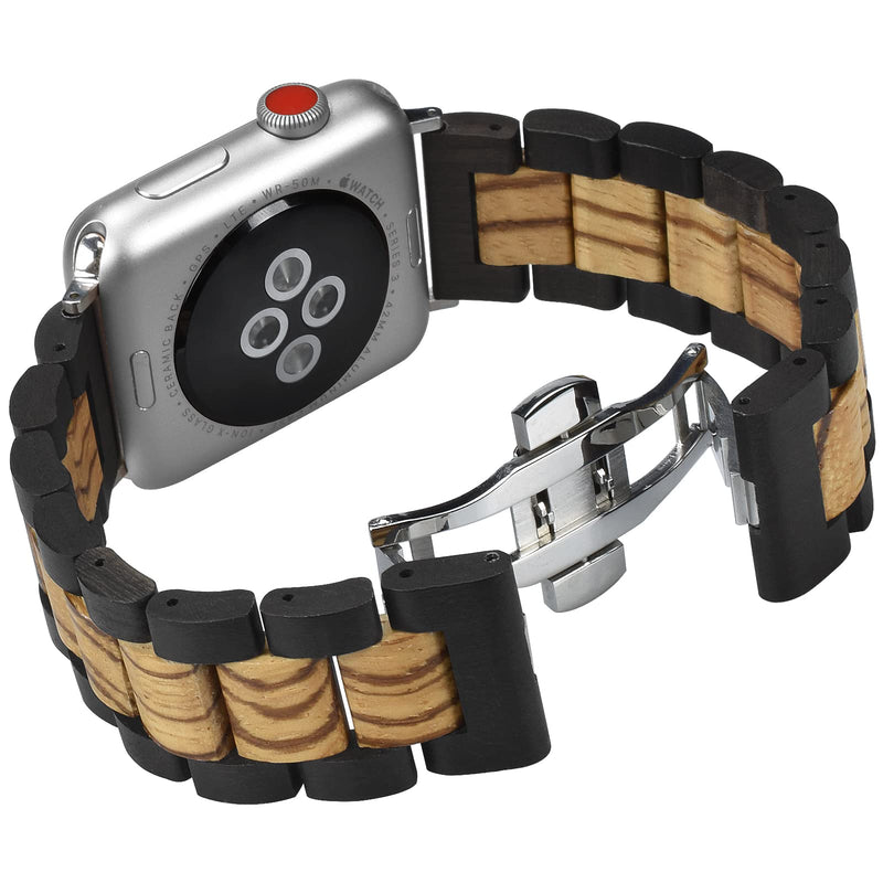 [Australia - AusPower] - Uioolri Natural Wood Watch Band Compatible with Apple Watch，Stainless steel butterfly buckle Environmentally Friendly Hardwood Replace strap For iWatch SE/ series 7/6/5/4/3/2/1 Mens Ebony + zebra wood 38MM/40MM/41MM 