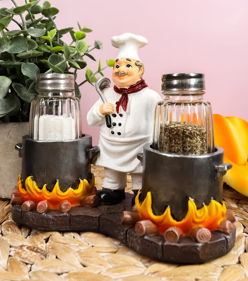 [Australia - AusPower] - Ebros Bouillon French Chef Jean With Flaming Double Cauldron Pots Salt And Pepper Shakers Holder Figurine For Kitchen Dining Table Hosting Spice Rack Accessories Gift Ideas For Women Men Chefs Cooks 