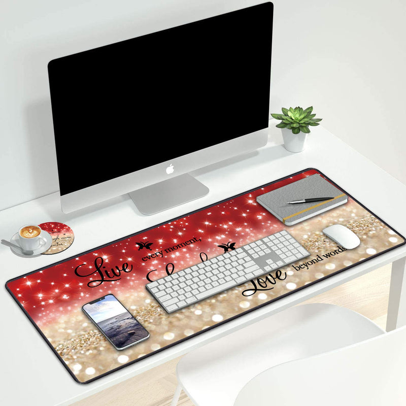 [Australia - AusPower] - Desk Pad Gaming Mouse Pads with Coasters,31.5"x 11.8" Large Non-Slip Rubber Base Mousepad with Stitched Edges for Office & Home,Red Glitter Quote Live Every Moment, Laugh Every Day, Love Beyond Words 