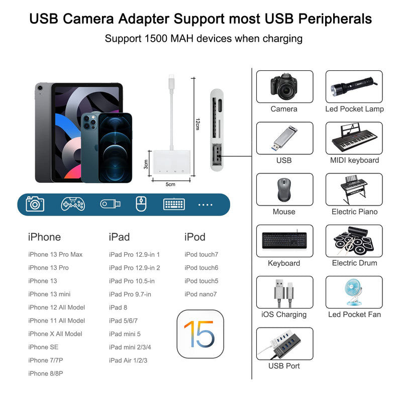 [Australia - AusPower] - iPhone to USB Camera Adapter, SD TF Reader for iPhone/iPad, 4 in 1 USB OTG Camera Connection Kits, support iOS 15, work with Hubs/ Keyboard/ MIDI 