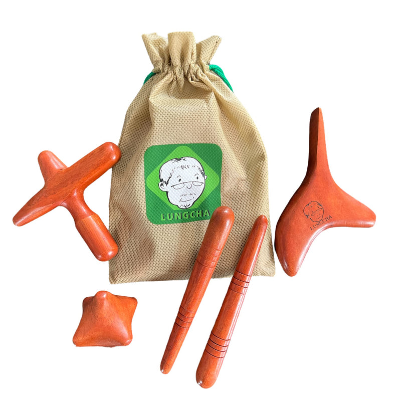 [Australia - AusPower] - 4 Types, 5 Piece Set - LUNGCHA Traditional Thai Massage Reflexology Wooden Stick Tool (Set of 4 Types Body Hand Foot Massage) 