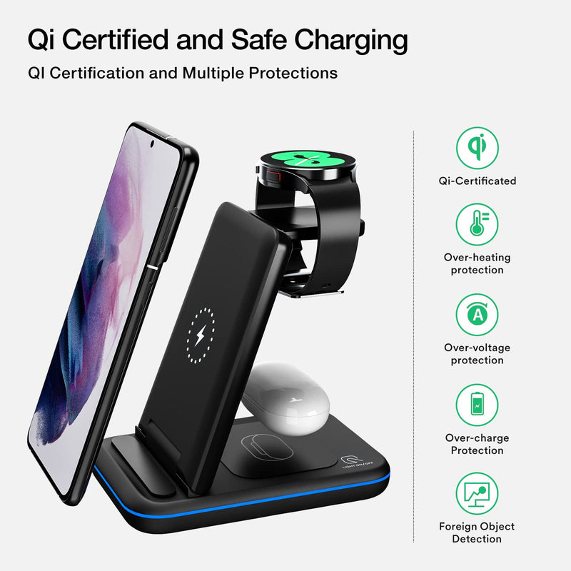 [Australia - AusPower] - Wireless Charging Station for Samsung, 3 in 1 Qi-Certified Foldable Charger/Stand for Samsung Galaxy S22/S21/S20/Note20/10, Galaxy Watch4/Classic/3/1/Active 2/1, Buds+/Live with Adapter (Black) Black 
