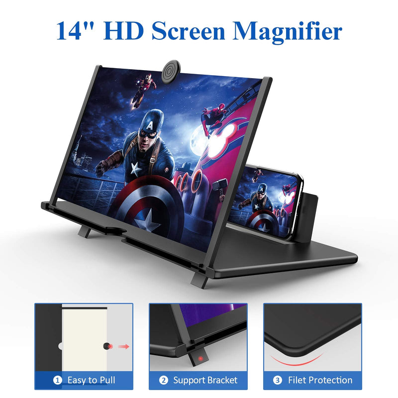 [Australia - AusPower] - 14" Screen Magnifier for Cell Phone -3D HD Magnifing Projector Screen Enlarger for Movies, Videos and Gaming – Foldable Phone Stand Holder with Screen Amplifier–Compatible with All Smartphones (Black) Black-14Inch 