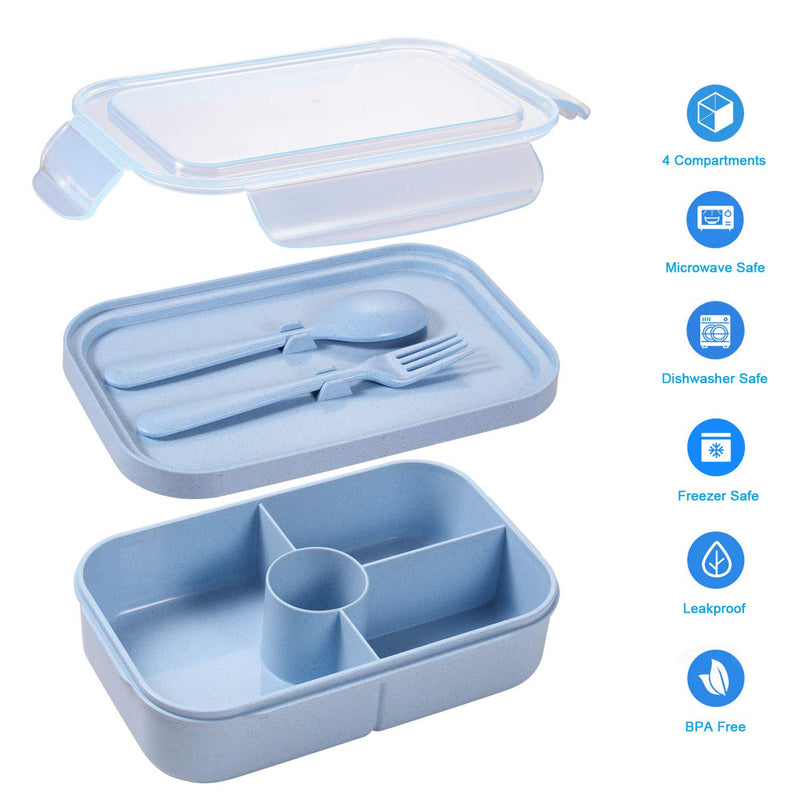 [Australia - AusPower] - Bento Box for Kids Lunch Containers with 4 Compartments Kids Bento Lunch Box Microwave/Freezer/Dishwasher Safe (Flatware Included,Light Blue) Light Blue Wheat Fiber 