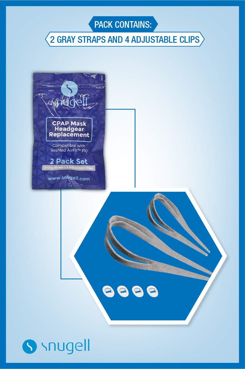 [Australia - AusPower] - Headgear Strap Replacement for ResMed AirFit P10™ Nasal Pillow CPAP Mask by Snugell™ | Grey Color | Pack of Two| Four Adjustment Clips| Durable Premium Nylon Material | Maximum Adaptability & Comfort 