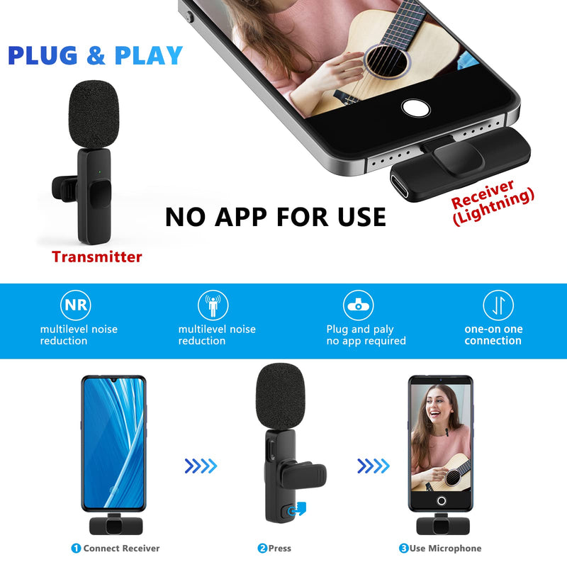 [Australia - AusPower] - Caymuller Professional Wireless Lavalier Lapel Microphone for iPhone iPad, Mini Lapel Mics Plug-Play 2.4G Ultra-Low Delay Noise Reduction Chip for Video Recording Interview Podcast Vlog YouTube Tiktok Black-1 