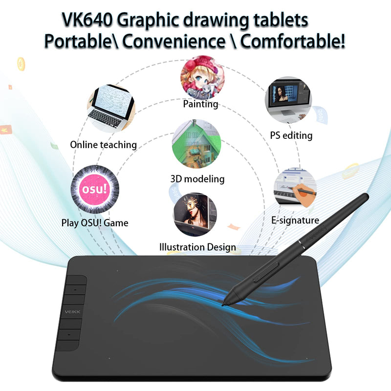 [Australia - AusPower] - VEIKK VK640 Drawing Tablet 6 x4 inch OSU Tablet with Battery-Free Stylus for Android,Windows and Mac OS,Support Tilt Function(8192 Level Pressure) 