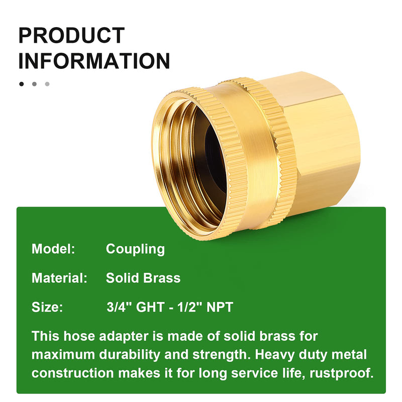[Australia - AusPower] - TAISHER 6 Packs Brass 3/4" Female GHT x 1/2" Female NPT Hose Connectors, Hose Adapter Garden Hose Fittings and Adapters 6PCS 3/4" Female x 3/4" FNPT 