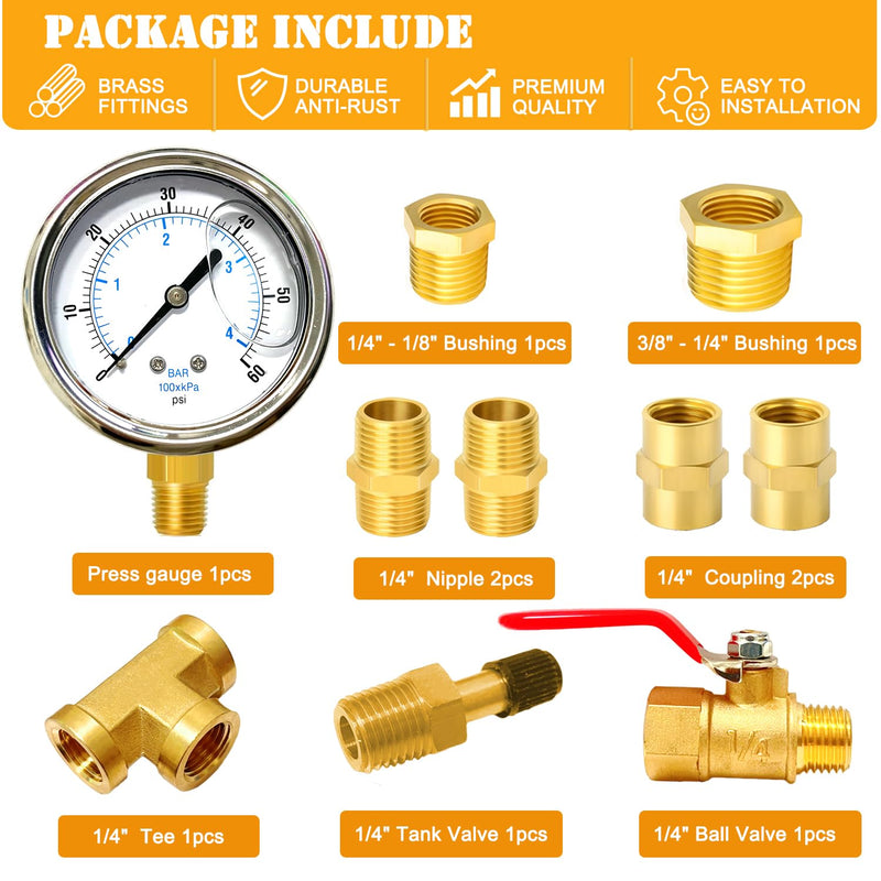 [Australia - AusPower] - CAMNWAMN 10PCS 1/4" Brass Pipe Fittings Kit, 0-60PSI Pressure Gauge, Ball Valve, Hex Nipple, Hex Coupling, Tee and Hex Bushing 1/4" - 1/8" & 3/8" - 1/4" (Pressure Gauge Kit) 