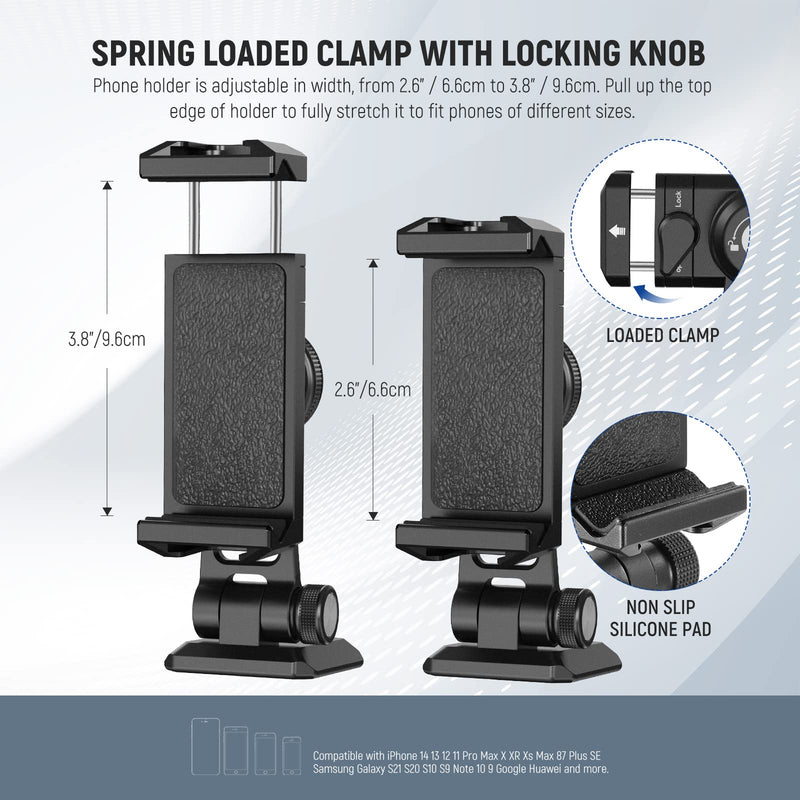 [Australia - AusPower] - NEEWER Phone Tripod Mount Adapter, Aluminum Phone Holder Clamp with Cold Shoe, 1/4" 3/8" Thread, Arca Type Base, 360° Pan 180° Tilt, Compatible with iPhone 14 13 Pro Max Mini X Xs Galaxy S23, SP-02 