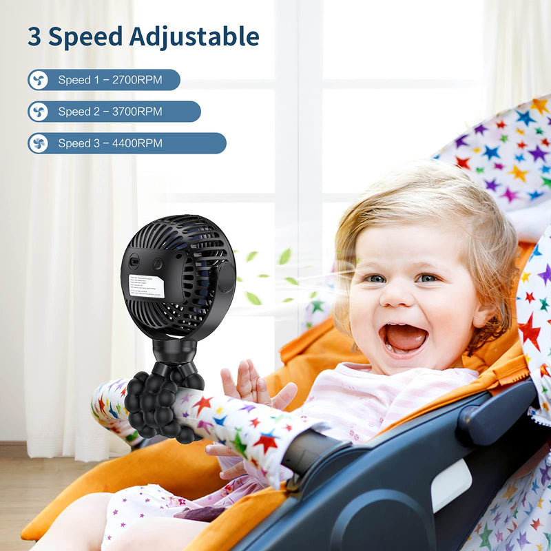 [Australia - AusPower] - SmartDevil Upgraded Stroller Fan, 3 Speed Portable Clip on Stroller Fan for Baby, 4000mAh Personal Car Seat Fan with Flexible Tripod, Dual 360° Rotatable, for Treadmill, Camping, Bike (Black) Black 