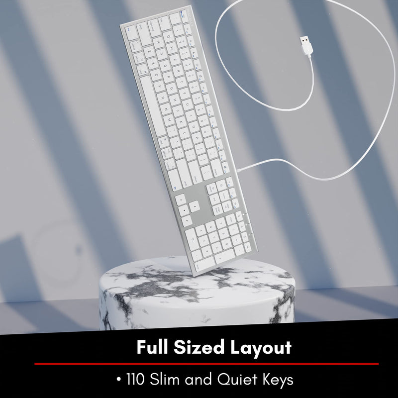 [Australia - AusPower] - Macally Ultra Slim USB Wired Computer Keyboard - Works as Windows or Mac Wired Keyboard - Full Size Keyboard with 20 Apple Shortcut Keys - Mac Keyboard with Number Pad - Silver Aluminum Finish 