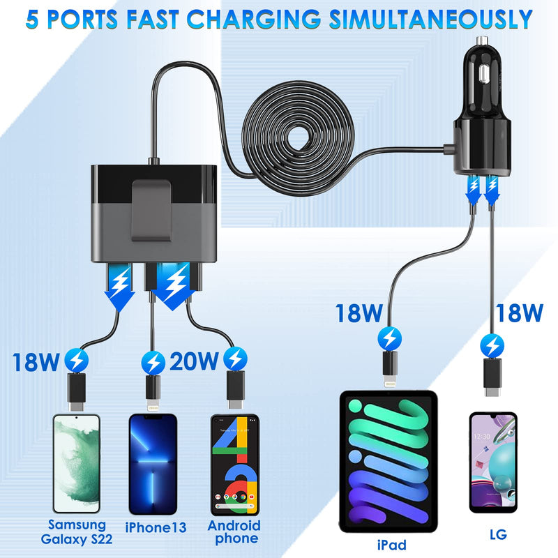 [Australia - AusPower] - Multi 5 Ports USB C Car Charger, 74W QC3.0 & PD3.0 Type C Cigarette Lighter Adapter Front and Back Seats Fast Charger with 5FT Cable for Samsung Galaxy S21/20, iPhone, Google Pixel, iPad Pro and More 