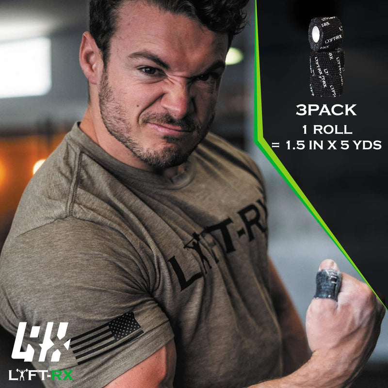 [Australia - AusPower] - LYFT-RX Weightlifting Hook Grip Tape w/Premium Adhesive for Olympic Weight Lift, Crossfit, Lifting & Gym, Stretch Athletic Finger Wrap, Protects Thumb Fingers Hand & Enhances Grip Black 1.5-inch 3 ROLLS 