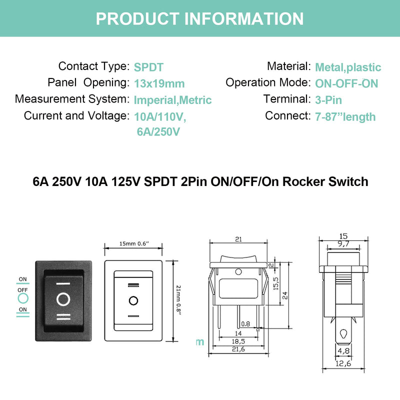 [Australia - AusPower] - 5Pcs On/Off/On Boat Toggle Rocker Switch 3 Pin Position Snap 12V 110V 250V QTEATAK Pins 