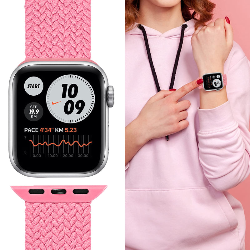 [Australia - AusPower] - Stretchy Solo Loop Strap Compatible with Apple Watch Bands 38mm 40mm 42mm 44mm, Nylon Stretch Braided Sport Elastics Weave Women Men Wristband Compatible for iWatch SE Series 6 5 4 3 2 1 Pink 38mm/40mm M fits 5.68"-6.07" wrist 