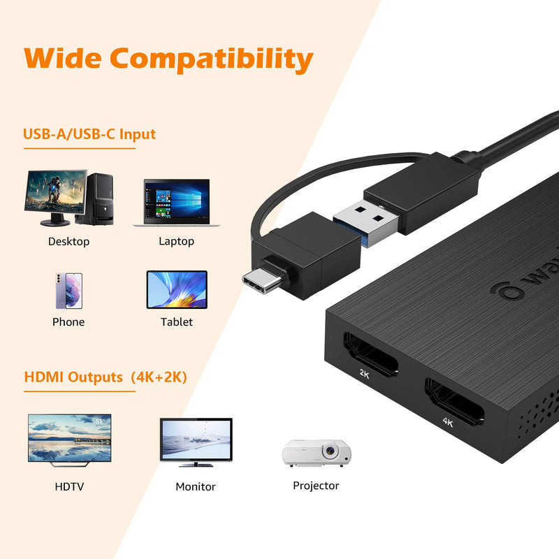 [Australia - AusPower] - Wavlink USB 3.0 to Dual HDMI UHD Universal Video Graphics Adapter Supports up to 6 Monitor displays, 4K@30Hz and 1080@60Hz External Video Card Adapter Support Windows,Mac, Chrome OS, Android 7.1 Above 