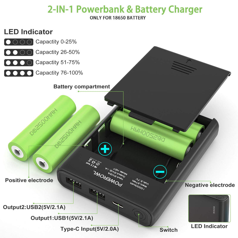 [Australia - AusPower] - 2-in-1 18650 Portable Charger and Battery Charger, 10000mAh Powerbank External Battery Pack 