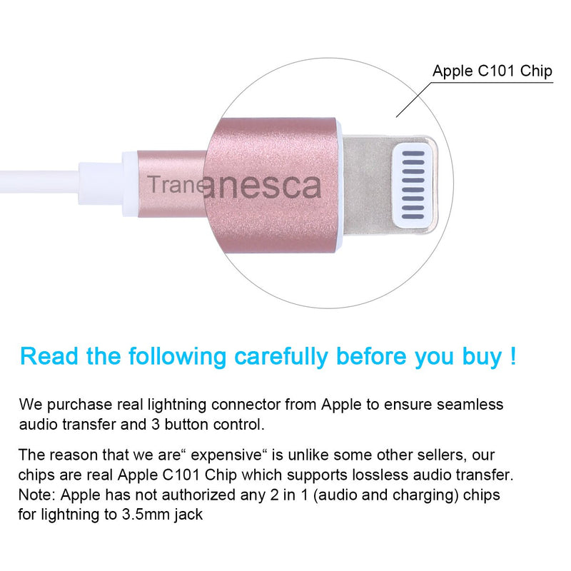 [Australia - AusPower] - Tranesca Apple MFI Certified Lightning to 3.5 mm Headphone Jack Adapter Compatible with iPhone 11/X/XR/iPhone 8/8 Plus/iPhone 7/7 Plus and More -Music Control & Calling Function Supported (Rose Gold) 