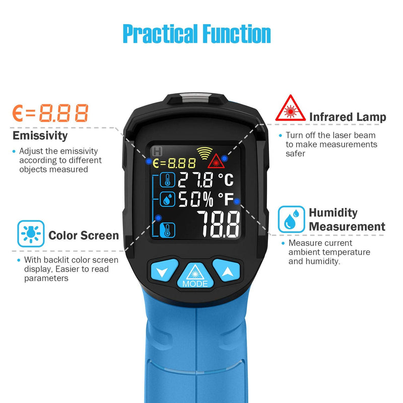 [Australia - AusPower] - Infrared Thermometer, ACEGMET Thermometer Gun -58℉~1022℉ (-50℃～550℃) Non-Contact Temperature Gun Adjustable Emissivity Laser Thermometer Gun with LCD Display for Cooking/BBQ/Refrigerator Blue 