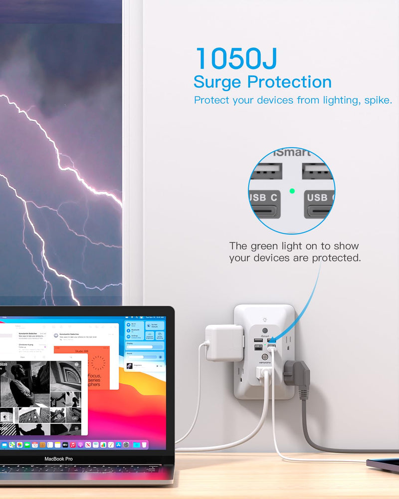 [Australia - AusPower] - Multi Plug Outlet, Outlet Extender with 4 USB Ports (2 USB C) and Night Light, 1050J Surge Protector, Wall Mount, Outlet Splitter for Bathroom Kicthen Camper Dorm Room Essentials 5 AC +2 USB A +2 USB C & Light 