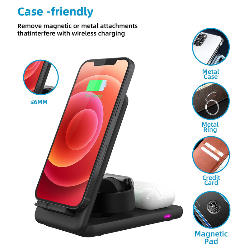 [Australia - AusPower] - Foldable Wireless Charger, 18W 3 in 1 Fast Wireless Charging Station, Suitable for iPhone 13/12/11 Series/XR/X/Xs/8 Plus, Charging Stand/Stand for iWatch SE/AirPods 2/Pro (Black) 