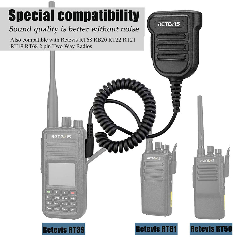 [Australia - AusPower] - Retevis Walkie Talkies Speaker Microphone,2 pin IP54 Waterproof Shoulder Speaker Mic for Retevis RT3S RT50 RT81 RT86 RB20 RT22 RT21 RT19 H-777 RT68 Two Way Radios(1 Pack) 