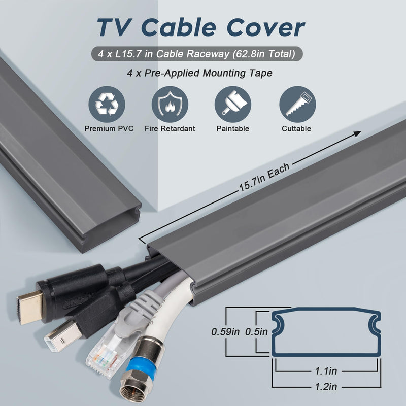 [Australia - AusPower] - 62.8in TV Cable Hider - Cord Hider Cable Management Wall, Cable Raceway Grey Wire Hider, Paintable Cable Concealer for Wall Mounted TV, Wall Wire Covers for Cords, 4* L15.7in *W1.2in *H0.59in Large 