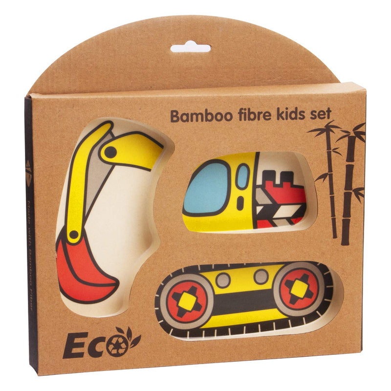 [Australia - AusPower] - Kid Plate Set Bamboo Toddler Plates Dinnerware Dinner Dish Set Baby Feeding Spill Proof Divided Plate - Baby Spoon and fork 3-Piece Set Teaches Child Portion Control Eco-Friendly (excavator/crane) excavator/crane 
