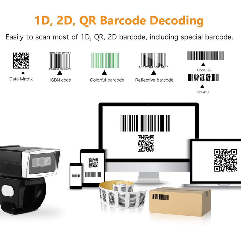 [Australia - AusPower] - 1D 2D Ring Barcode Scanner with Special Magnetic Design, Portable Mini QR Wearable Finger Bar Code Reader Compatible with Bluetooth 2.4G Wireless PDF417 Data Matrix Scan for Warehouse Express Library 