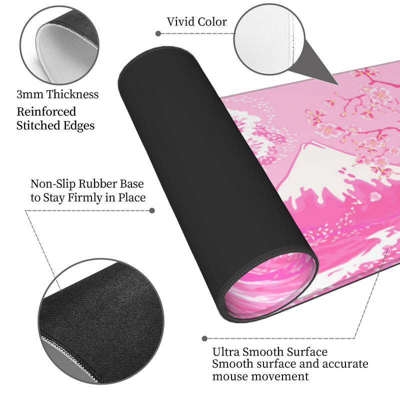 [Australia - AusPower] - Pink Japanese Wave Cherry Blossom Gaming Mouse Pad XL, Large Non Slip Rubber Mousepad, Stitched Edges Desk Pad, Long Extended Mice Pad,31.5'' X 11.8'' Pink Japanese Wave Cherry Blossom 